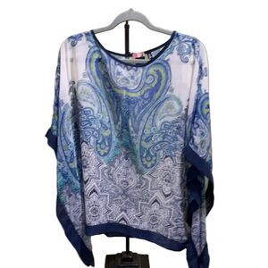 BLUE S15-1010B Women's Top M Paisley Kimono Sleeve Round Neck Casual Woven